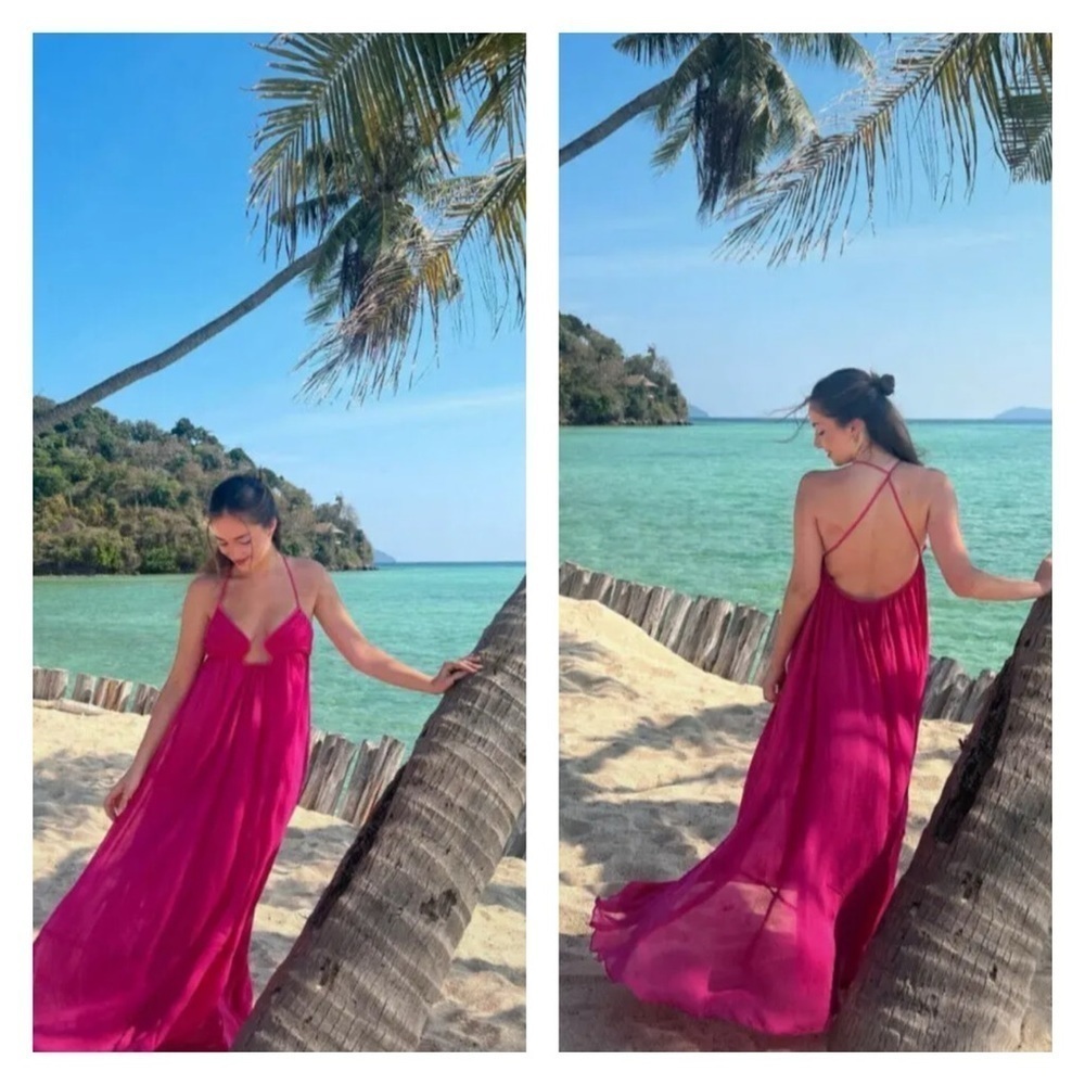 Women’s Fuchsia Halter Maxi Dress - Lightweight Beach Cover-Up - Picture 3 of 15